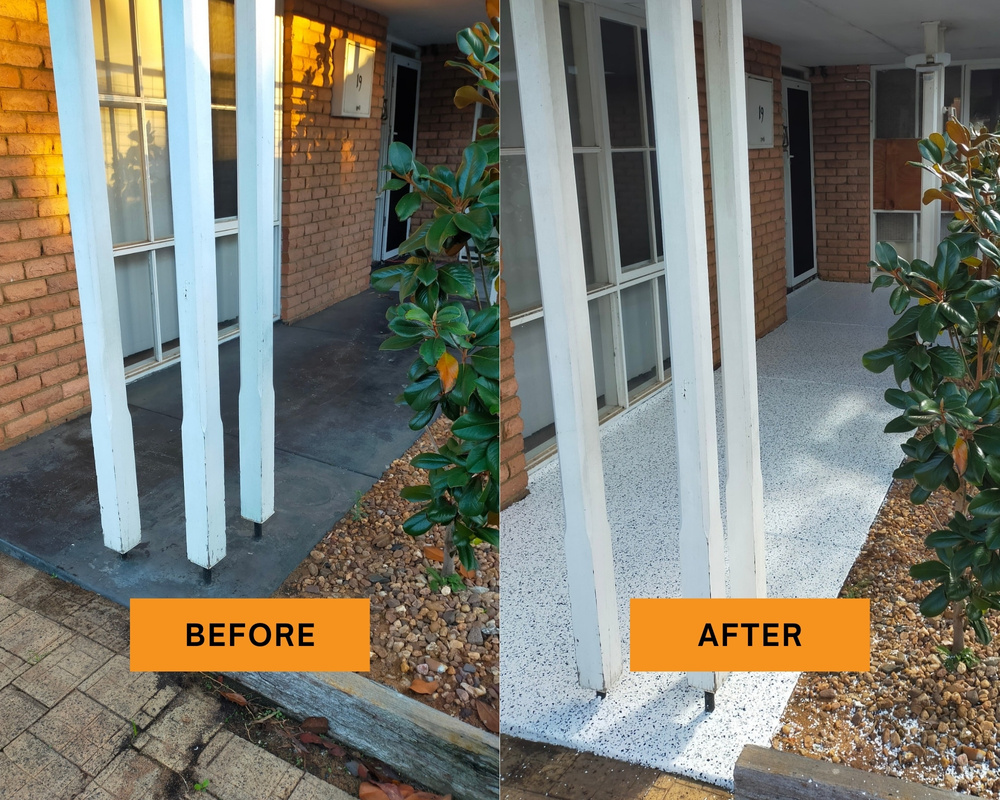 Evolved Epoxy Flooring before and after image of front verandah/patio flake installation - Perth Western Australia