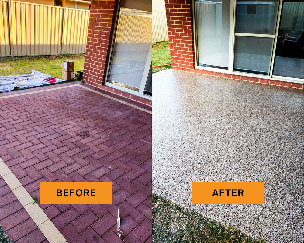 Evolved Epoxy Flooring before and after image of outdoor patio/verandah flake installation - Perth Western Australia
