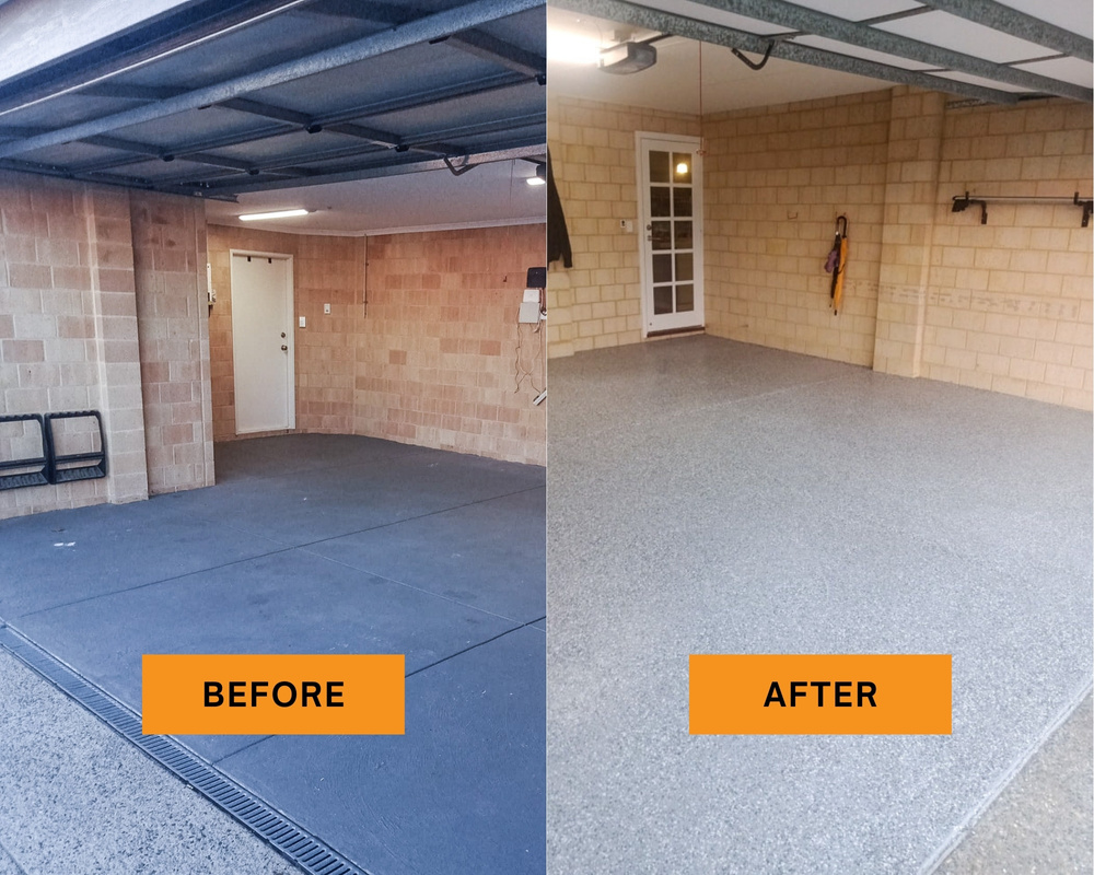 Evolved Epoxy Flooring before and after image of garage flake installation - Perth Western Australia