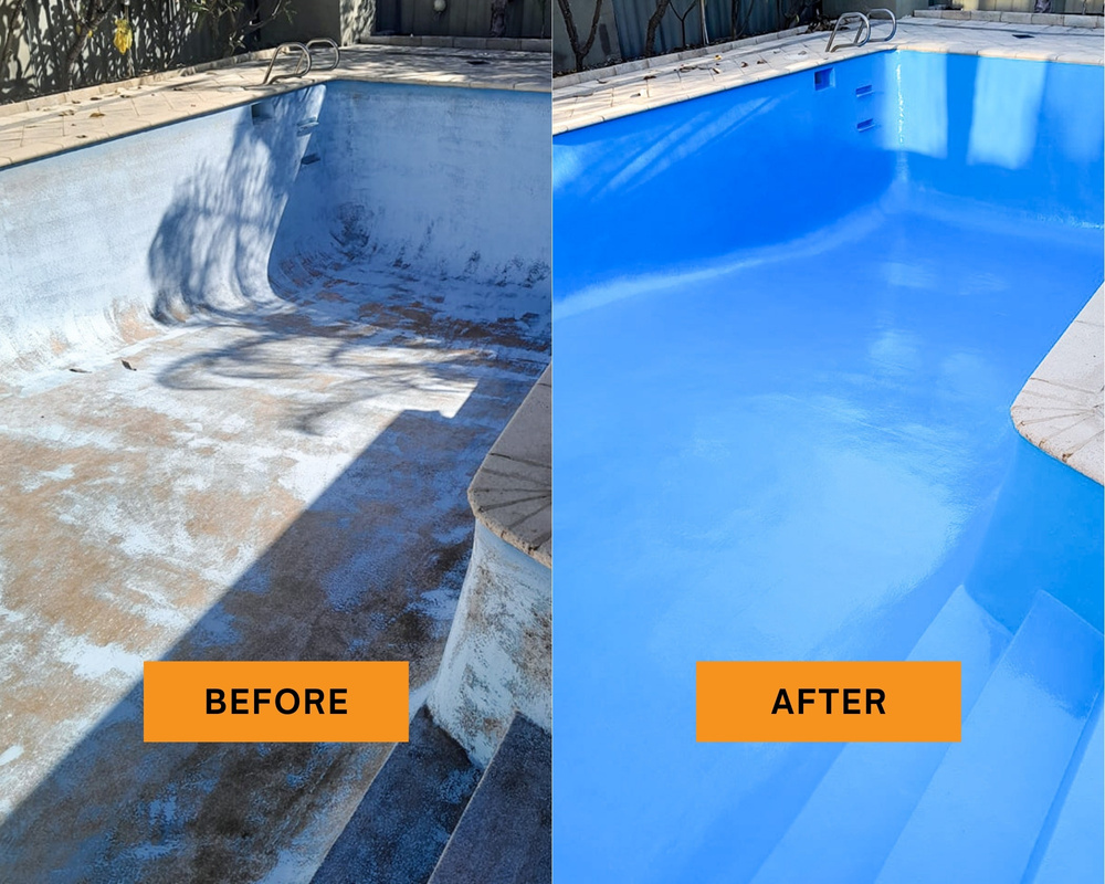 Evolved Epoxy Flooring before and after image of pool restoration and epoxy installation - Perth Western Australia