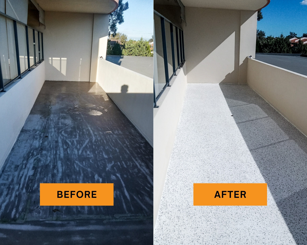 Evolved Epoxy Flooring before and after image of apartment balcony flake installation - Perth Western Australia