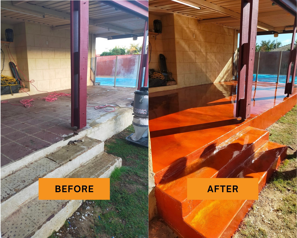 Evolved Epoxy Flooring before and after image of patio metallic epoxy installation - Perth Western Australia